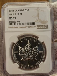 TOP POP 1988 NGC MS-69 Canadian Silver Maple Leaf * NONE FINER! S$5 Canada SML - Picture 1 of 9