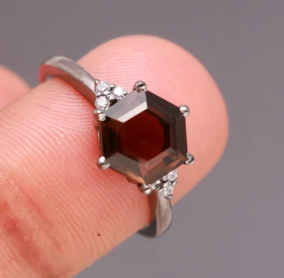 Anillo hexagonal de cuarzo ahumado natural plata maciza negro oxidado joyería para ella Foto 1 de 4