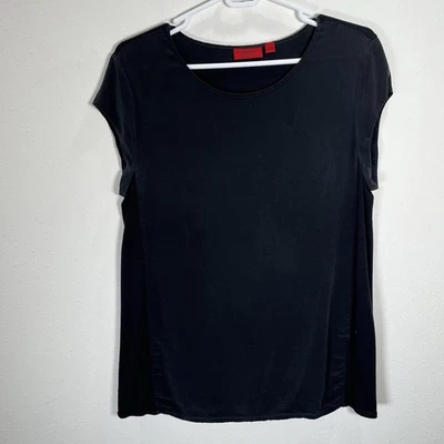 Hugo Boss Top Womens Sz Large Silk Tencel Short Cap Sleeve Black - Image 1 of 4