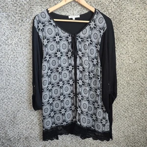 Rose & Olive Top Womens Plus 3X Black Neck Tie Printed 3/4 Sleeve Casual Ladies - Picture 1 of 7