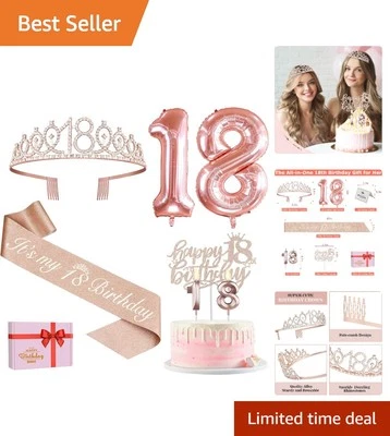 Rose Gold 18th Birthday Celebration Kit - Tiara, Sash, Cake Topper & Candles - Image 1 of 4