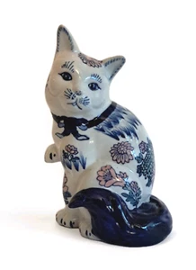 Vintage Porcelain Cat Statue Chinese Blue and White Pink Floral 10" Cat Figurine - Picture 1 of 23