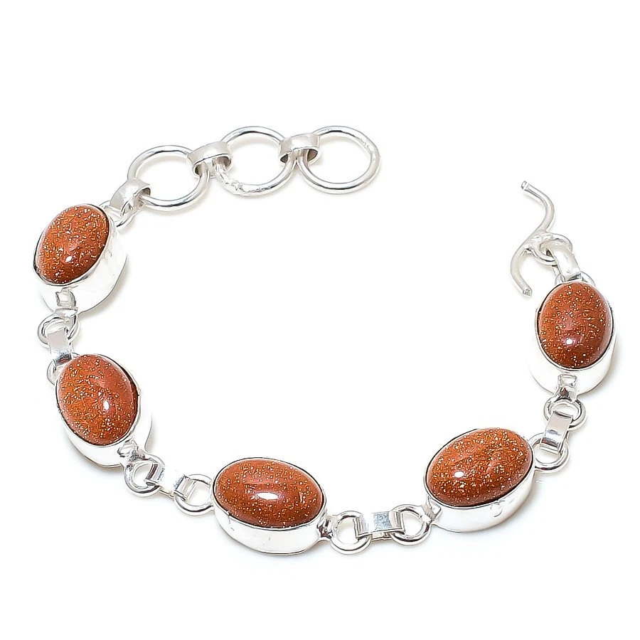 Red Sunstone Gemstone 925 Sterling Silver Bracelet 7-8" j197 - Image 1 of 4