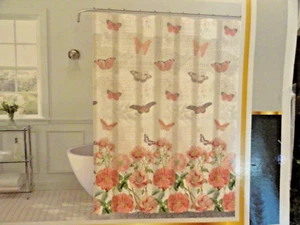 new 13pc fabric SHOWER CURTAIN~Butterfly~Flowers melon peach gray Script writing - Picture 1 of 9