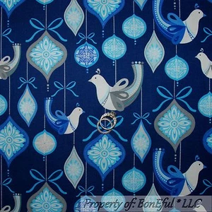 BonEful Fabric FQ Cotton Quilt Blue White Xmas Tree Hanukkah Dot Star DOVE Bird - Picture 1 of 12