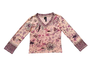 Lynn Ritchie Top Long Sleeve Floral Print Crochet Silk Blend Size M - Picture 1 of 14