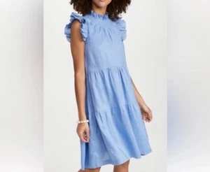 Sea New York Lee Short Sleeve Tiered Dress Blue Linen Eyelet High Neck M NWT - Picture 1 of 8