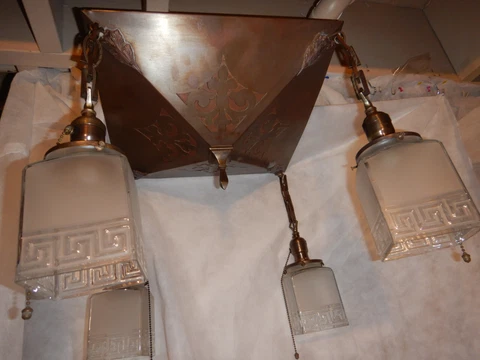 Mission Arts & Crafts Brass Flush Mount Fixture Chandelier w/ Greek Key Shades Cover