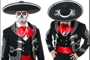 JUMBO LARGE BLACK MEXICAN MARIACHI SOMBRERO HALLOWEEN DAY OF THE DEAD HAT G0574 - Picture 1 of 4