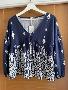 Women’s NEXT Navy & White V-Neck Jersey Long Sleeve Cotton Blouse UK 12 Petite - Picture 1 of 7