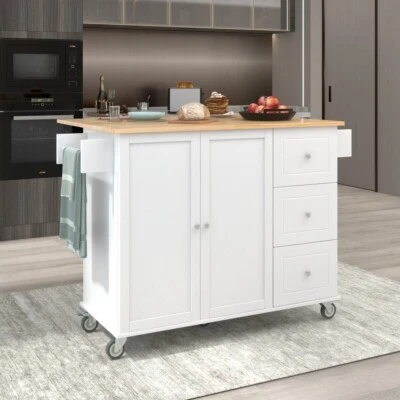 52.7'' Rolling Kitchen Island w Solid Wood Top, Drop Leaf Breakfast Bar, White - Image 1 of 4
