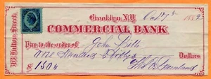 Brooklyn, NY, Commercial Bank, Revenue Stamped Check 1882 to John Gibbs - Picture 1 of 3