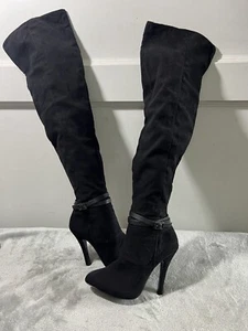 Nina New York Women’s 5 M Black Suede Thigh High Tall Pointy Toe Boots Witchy - Picture 1 of 11