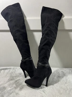 Nina New York Women’s 5 M Black Suede Thigh High Tall Pointy Toe Boots Witchy - Image 1 of 4