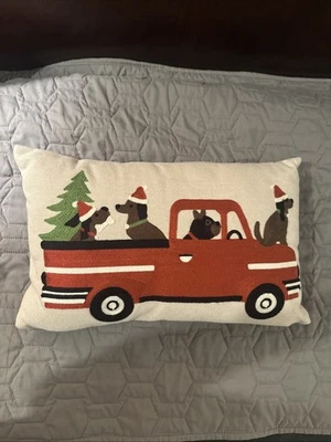 Festive Holiday Christmas 20x12” Pillow Dogs In Red Truck - Image 1 of 4