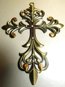 Fleur De Lis Style~Wall Cross Cast Iron Rustic Victorian Gold Red & Clear Beaded - Picture 1 of 20