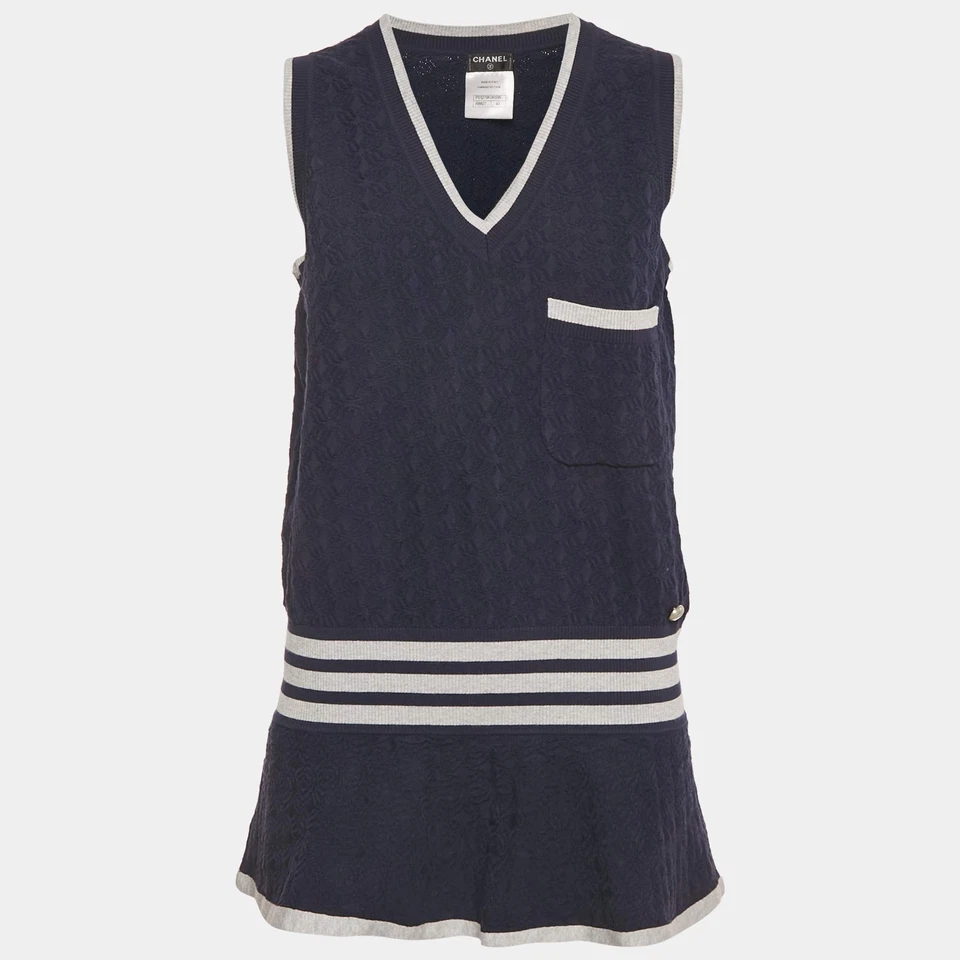 香奈儿海军蓝图案棉质针织喇叭长款背心 M — 第 1/4 张图片