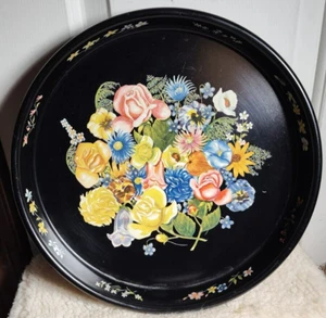 Vintage Black Metal Serving Tray 13.25" Round - Floral Design 1.5" Lip - Picture 1 of 7