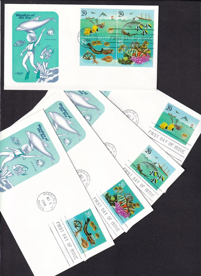 1994 Wonders of the Sea Sc 2863-2866 2866a set of 5 Artmaster cachets - Image 1 of 2