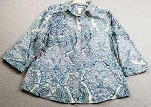 Camisa con botones Chico’s para mujer 2 grandes pergaminos de cachemira manga 3/4 sin planchar preppy - Imagen 1 de 13