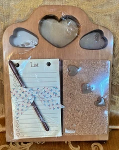 Message Center Wood Hearts Memo Pad/Pen Corkboard/Heart Shape Pins Vintage - Picture 1 of 5