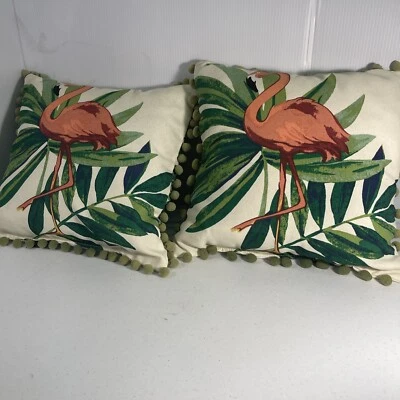 Allen + Roth Throw Pillow 16 x 16 Pink Flamingo Green Pom Poms Tropical Lot Of 2 - Image 1 of 4