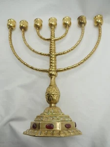 Scandinavian brass decorated w garnets Judaica Menorah MassingMalm Svenskt - Picture 1 of 10