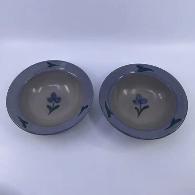 Set Of 2 Vintage Rowe Pottery Works Salt Glaze Blue Flower Rimmed Bowl 6 3/4” - Image 1 of 4