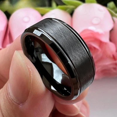 8mm Black Tungsten Carbide Ring Band for Men & Women Engagement Ring - Image 1 of 4
