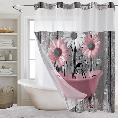 No Hook Shower Curtain with Snap in Liner Pink and Gray Floral Shower Curtain - Image 1 of 4