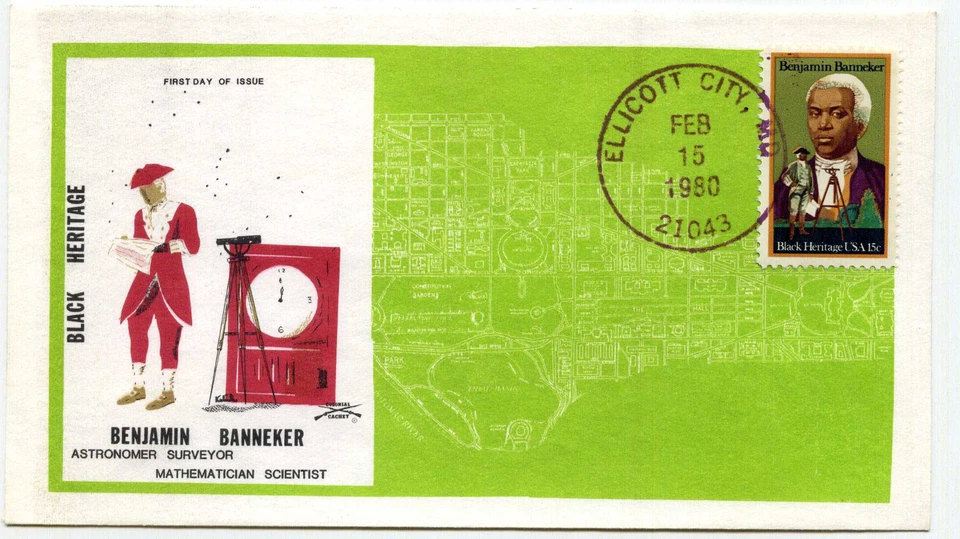 1804 Benjamin Banneker, Black Heritage 1980 Colonial, Ellicott City, red, FDC - Image 1 of 1