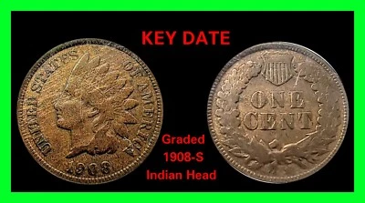 1908-S Indian Head Cent 1¢ Key-Date - Graded ANACS Fine F12  - Image 1 of 4
