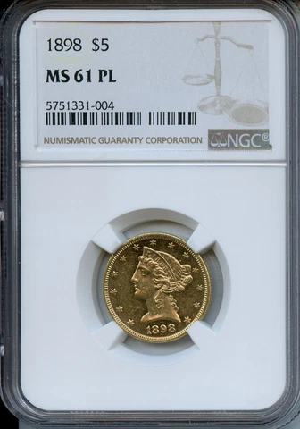1898 $5 Gold NGC MS61PL Prooflike Cover