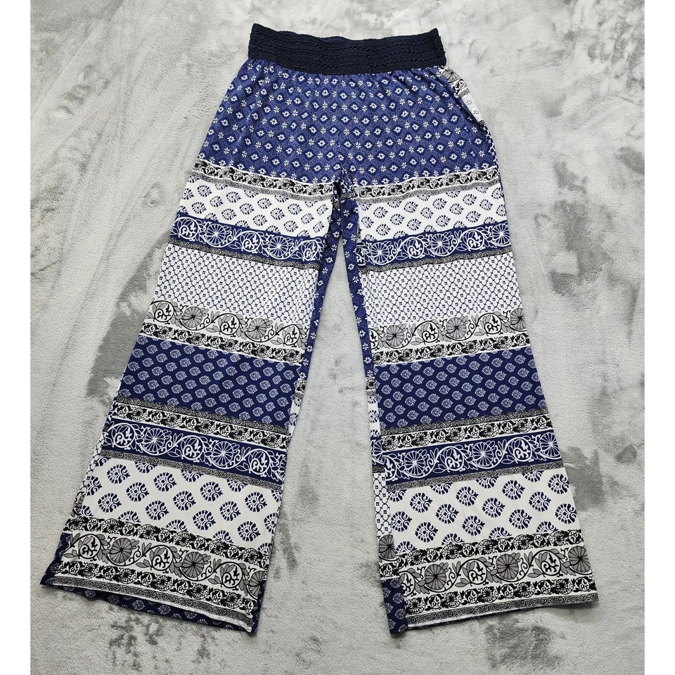 Pantalones Robert Louis Mujer L Azul Blanco Pull On Pierna Ancha Palazzo Náutica Playa Foto 1 de 4