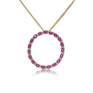 9ct Gold Ruby Diamond Necklace Circle Natural Red Gemstone Hallmarked - Picture 1 of 12