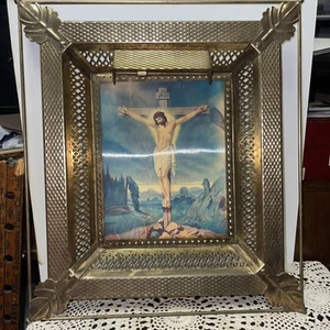 Vintage Lenticular Religious Jesus Hologram Brass Picture 17” Cross To Risen - Picture 1 of 11