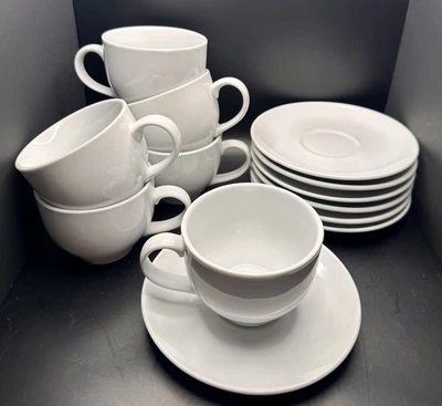 Set of 7 Pottery Barn Great White Flat Cups & Saucers Mugs 12 oz - Image 1 of 4
