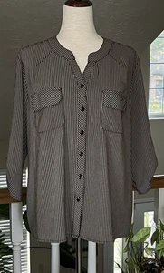 Notations Womens Size L Black Brown Stripe V-neck 3/4 Roll Tab Sleeves Blouse - Picture 1 of 12