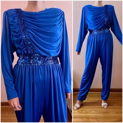 Mono De Colección Años 70 80 Drapeado Lentejuelas Azul Satinado Fiesta Cóctel Disco L XL Foto 1 de 4