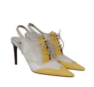 Ralph Lauren Women Collection Wing Tip Sling Back Pumps 8B Yellow White Lace Up - Picture 1 of 10