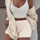Cozy Women's Fleece Fluffy Fur Coat Shorts Lounge Wear Set For Night Comfort