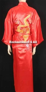 Red Embroidered Dragon Design Silk Kimono Robe Sleepwear Long w/ Waist Tie - Picture 1 of 4