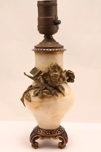 Antique French Alabaster Champleve Table Lamp with Putti Metal Decoration - Picture 1 of 12