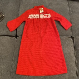 NWT Vtg 70s Red Edie Bee Girls Size 4 Plush Chenille Sleepwear Robe USA Lace - Picture 1 of 7