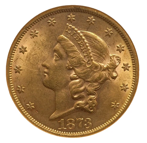 1873 $20 Gold Double Eagle, Open 3, NGC AU58, CAC Approved Cover