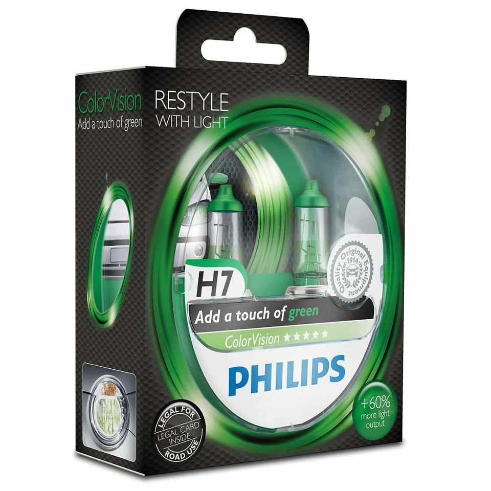 2x Green H7 Headlight Bulbs PHILIPS 12972CVPGS2 ColorVision 12V 55W PX26d - Image 1 of 1