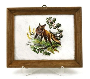 VTG Fox Porcelain Tile & Wood Frame, Wall Hanging Hunting Lodge Home Decor  - Picture 1 of 5