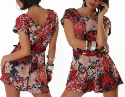 Sexy Damen kurz Overall Hotpant Shorty Hosen Einteiler Gürtel XS 34 rot bunt Neu - Bild 1 von 4