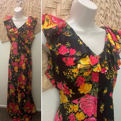 Maxi Vestido Retro Vintage Floral MOD Colorido Años 70 ÚNICO Hecho a Mano Negro Rosa Foto 1 de 4