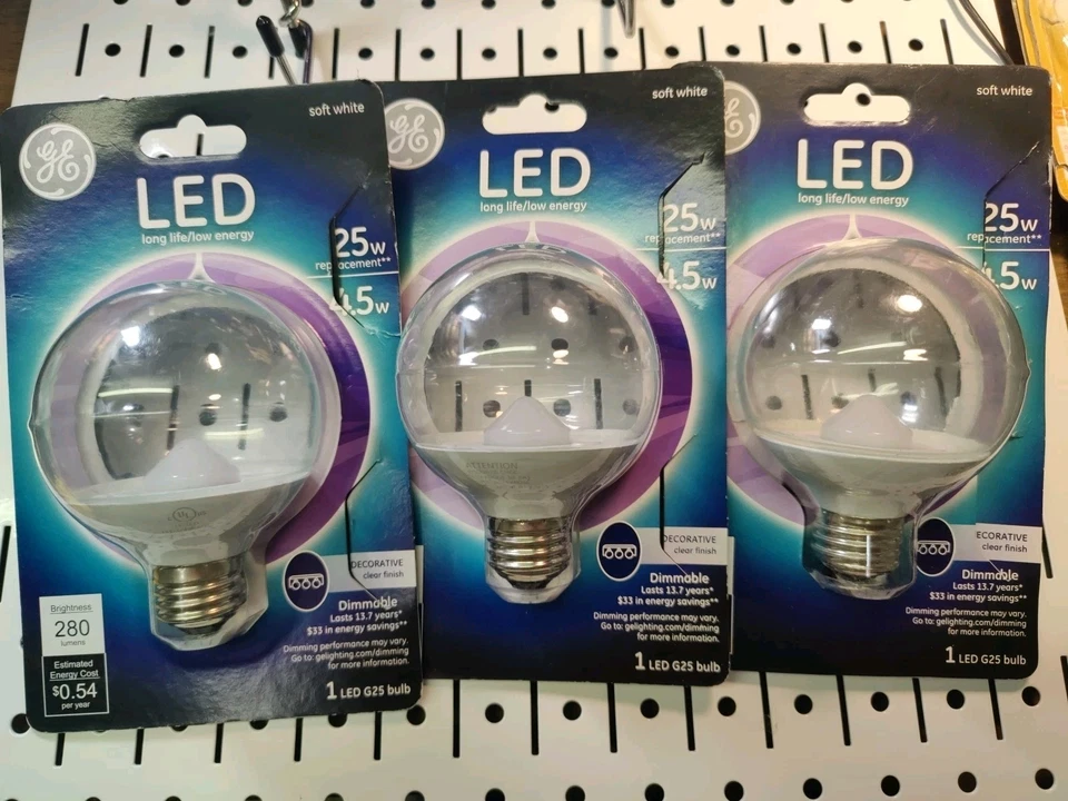 3x GE 68172 LED 4.5W Dimmable G25 Soft White 2700K Clear Vanity Round Globe Bulb - Image 1 of 1